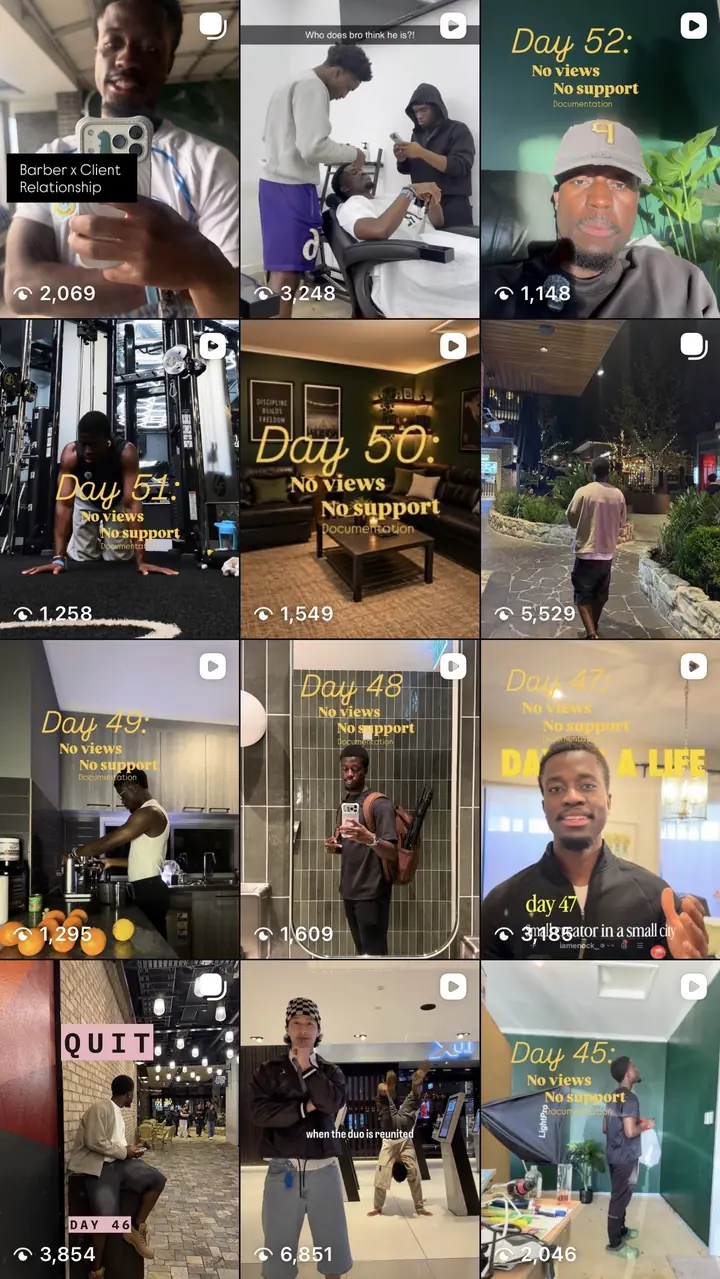 Screenshot 2 of Enock's Instagram grid, showing his own posts and how many times each was viewed