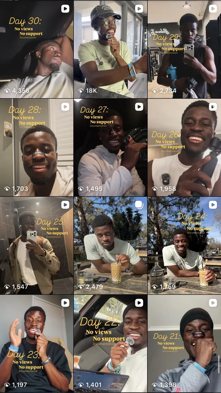 Screenshot 5 of Enock's Instagram grid, showing his own posts and how many times each was viewed